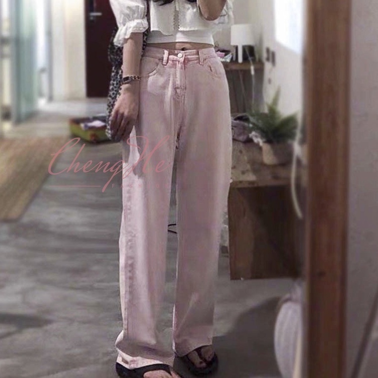 Quần bò jeans dáng dài ống loe rộng màu hồng phớt dễ thương ống đứng Ins cạp cao kiểu dáng học sinh Q00048