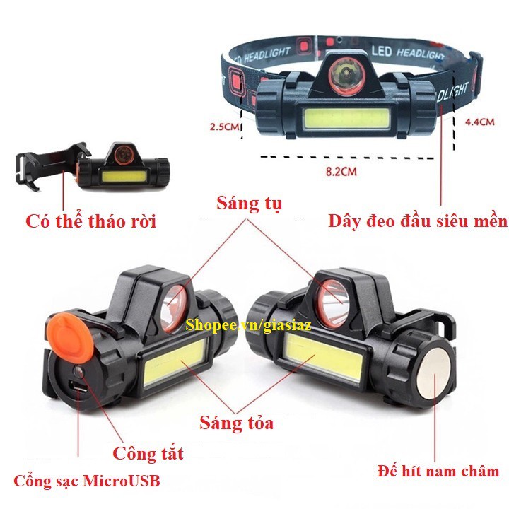[HCM] Đèn Đội Đầu 2 BÓNG Mini Siêu Sáng, Đèn Pin Đội Đầu Mini Siêu Sáng Kèm Pin + Sạc