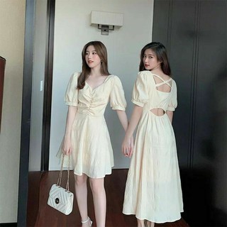 Váy be tay bồng nhún ngực cutout lưng