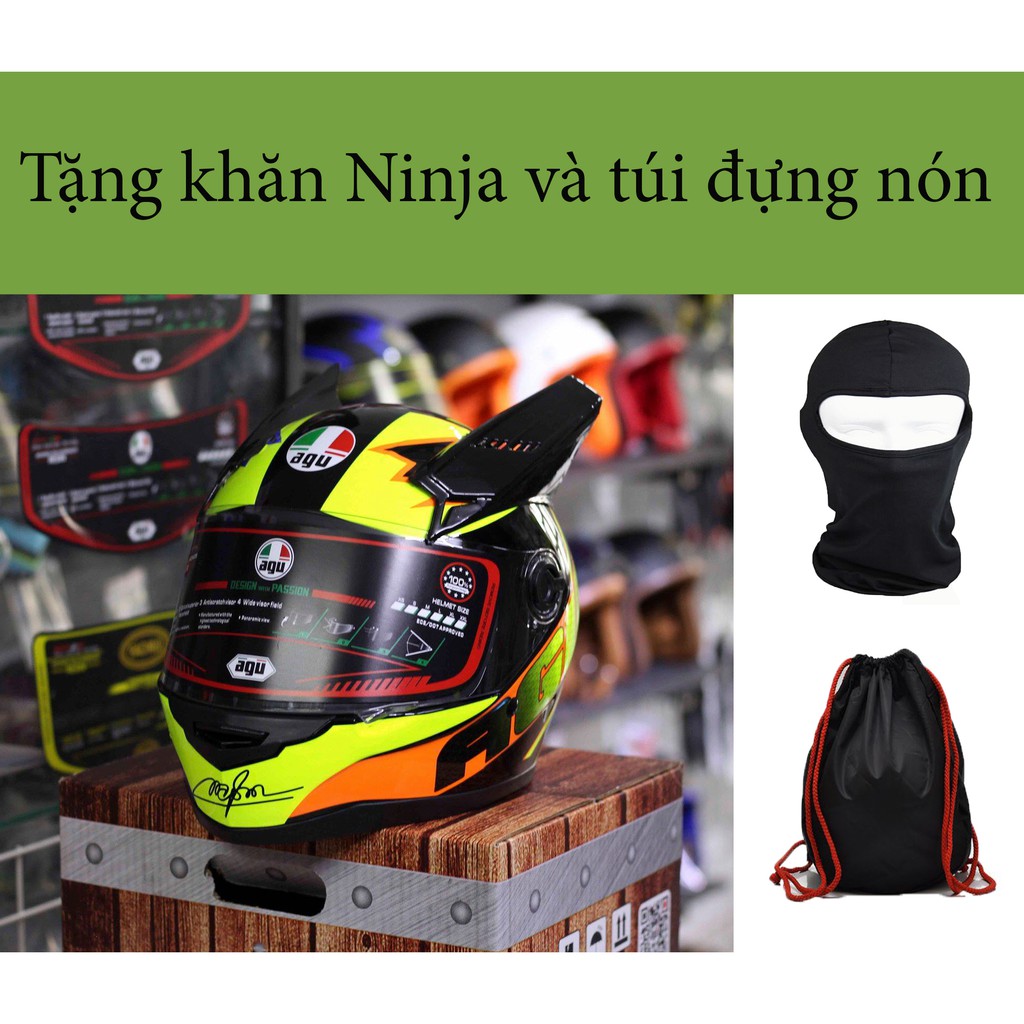 Nón fullface AGU tem Mới và tai rùa, tặng khăn ninja và túi đựng nón