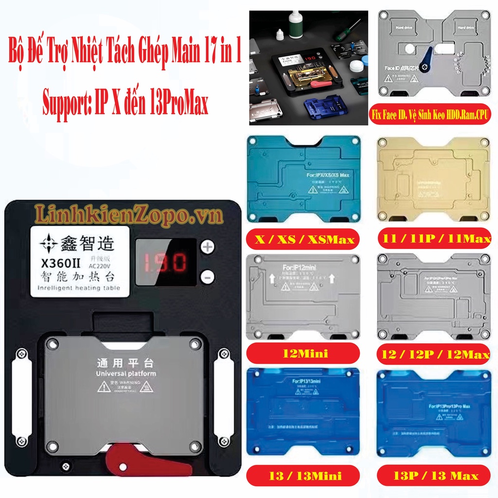 XinZhiZao X360ll Bộ Đế Trợ Nhiệt Tách Ghép Main 17 in 1 hổ trợ từ X đến 13ProMax