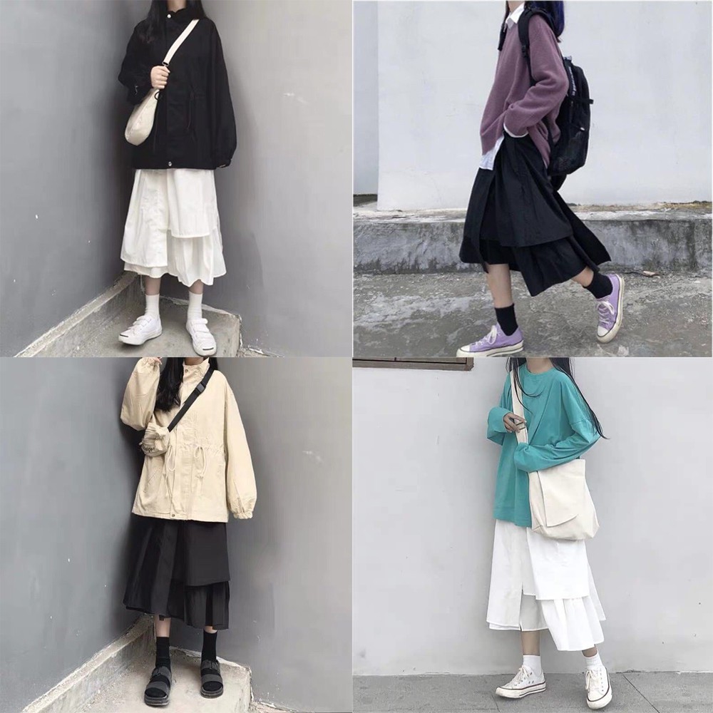 Chân Váy Dài 2 Tầng Vạt Lệch Ulzzang 2 Màu Siêu Hot - Chân Váy Trắng Đen tầng Ulzzang Siêu Hot CV01 | BigBuy360 - bigbuy360.vn