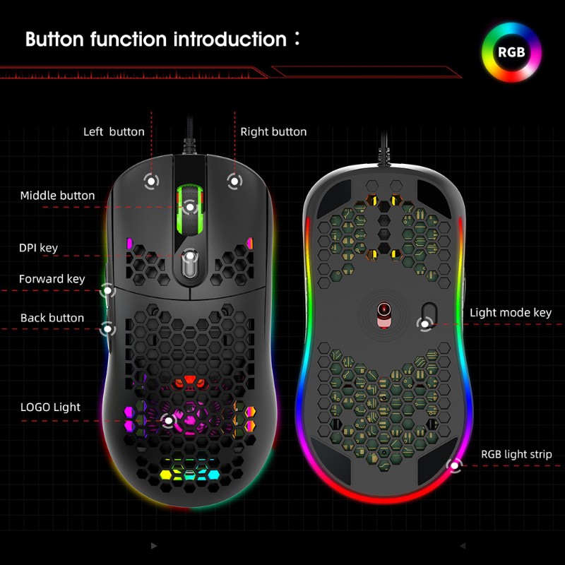 Chuột có dây đục lỗ thoáng khí 6 chế độ DPI RGB tùy chỉnh có đèn chuyên dùng