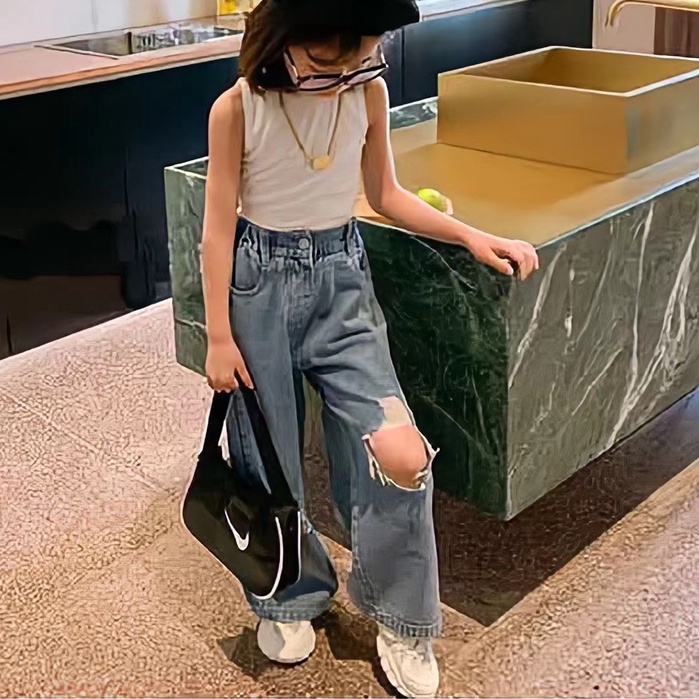 Quần Jeans Ống Rộng Lưng Thun Phối Vết Rách Thời Trang Mùa Hè Cho Bé Gái 1-6 Tuổi