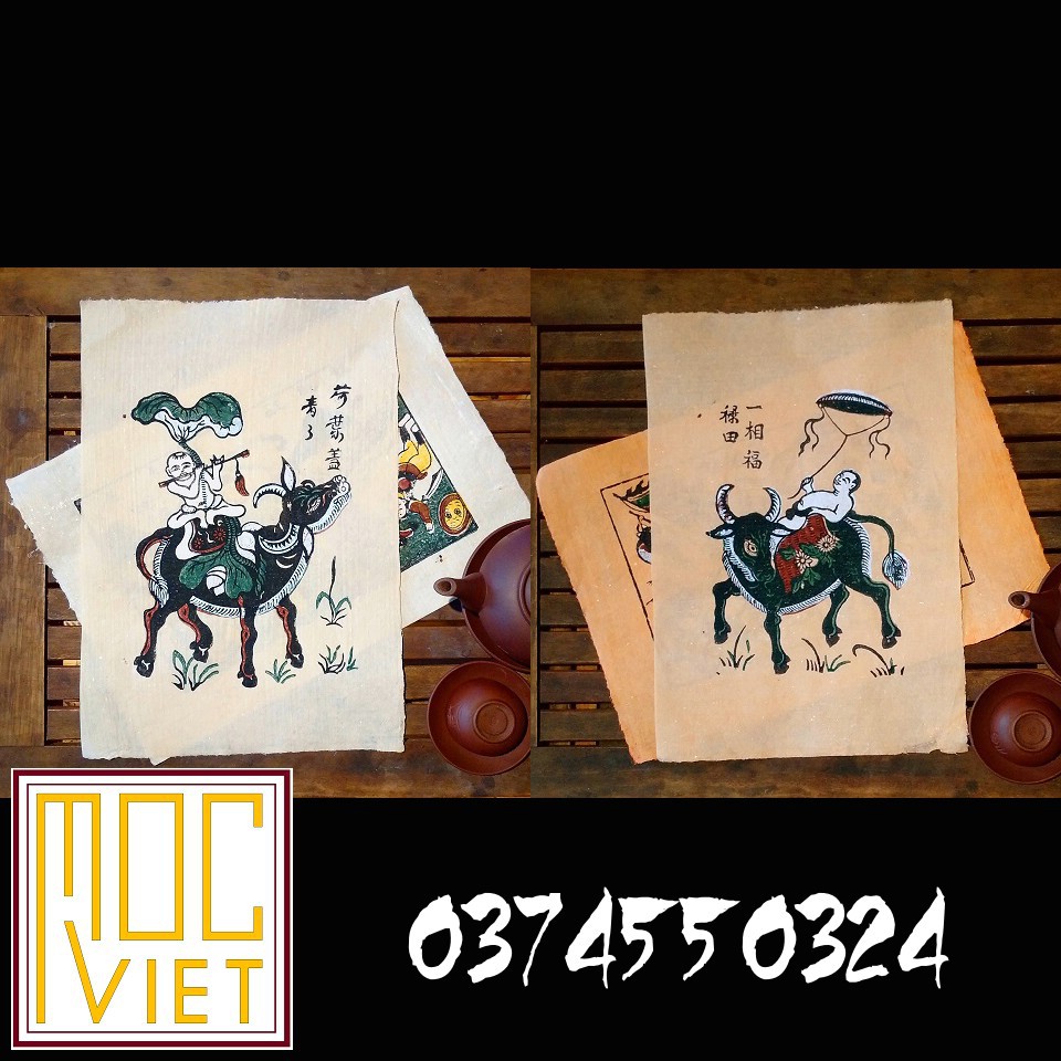 Cặp tranh đông hồ - Chăn trâu thổi sáo, Chăn trâu thả diều - Mục đồng Thổi sáo, Mục đồng thả diều