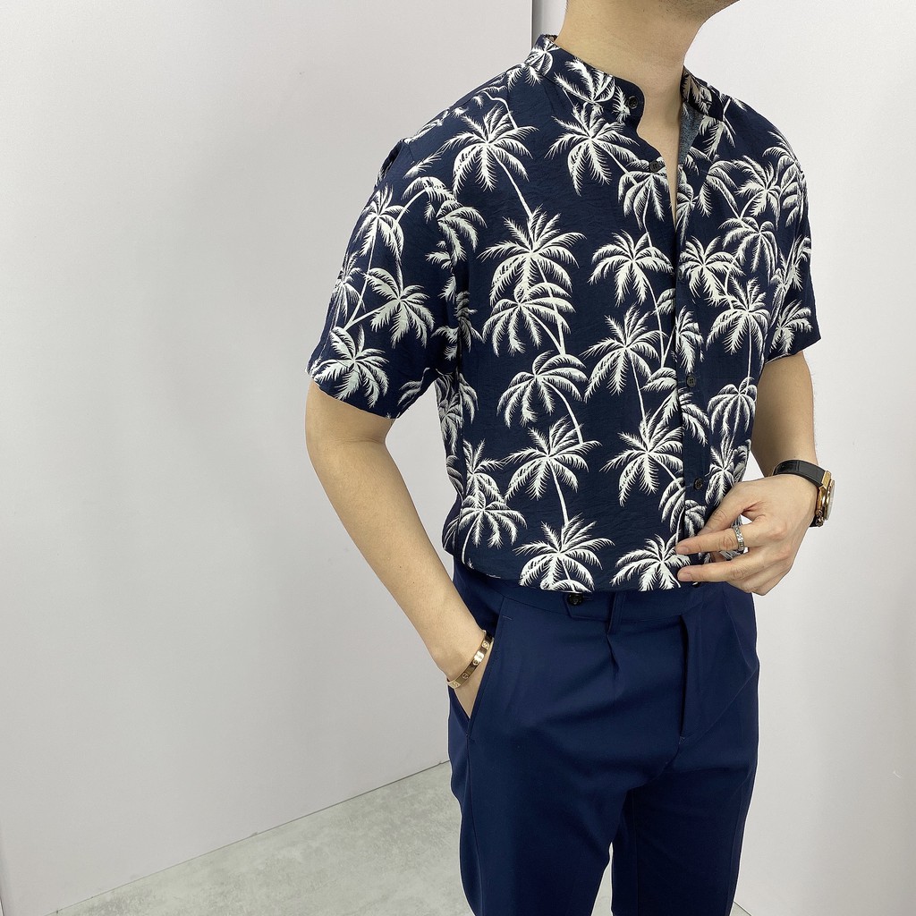 Áo Sơ Mi Nam Hoạ Tiết Palm Cổ tàu Cộc Tay BANANA HOMME Chất vải Linen thoáng mát, ít nhăn Cao Cấp, Trẻ Trung 2021 | BigBuy360 - bigbuy360.vn