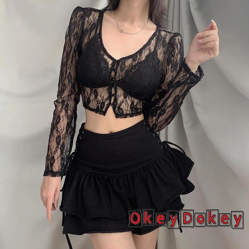 Áo croptop tay dài cổ chữ V phối ren phong cách vintage quyến rũ cho nữ