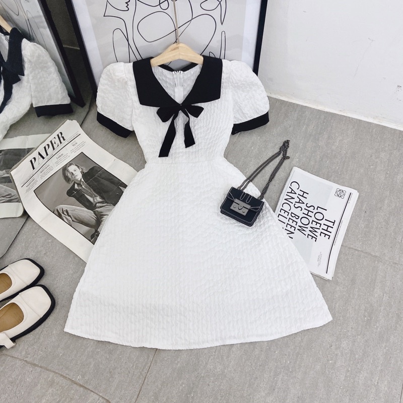 ĐẦM TRẮNG PHỐI CỔ ĐEN NƠ