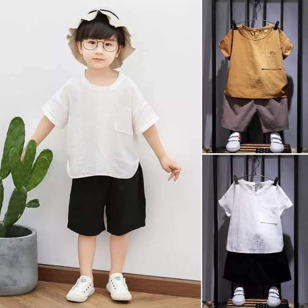 Đồ bộ bé trai Hàn Quốc xuất xịn Binbon kids, Bộ cộc tay cho bé trai QA68 chất đũi nhăn siêu mát cho bé từ 8-28kg