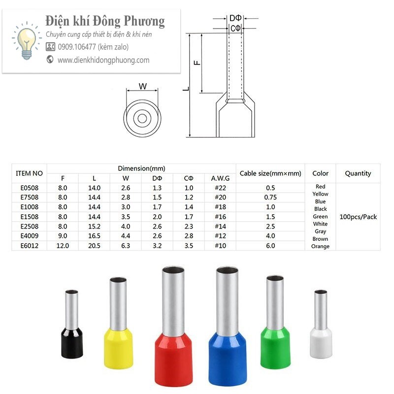 [Đơn tối thiểu 30k] Túi 100 cái đầu cos pin rỗng, cos pin E, pin thông dùng cho dây điện từ 0.5mm2 - 10mm2