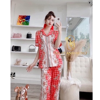 PIJAMA TAY NGẮN CÔNG ĐỎ LỤA XƯỚC U009.