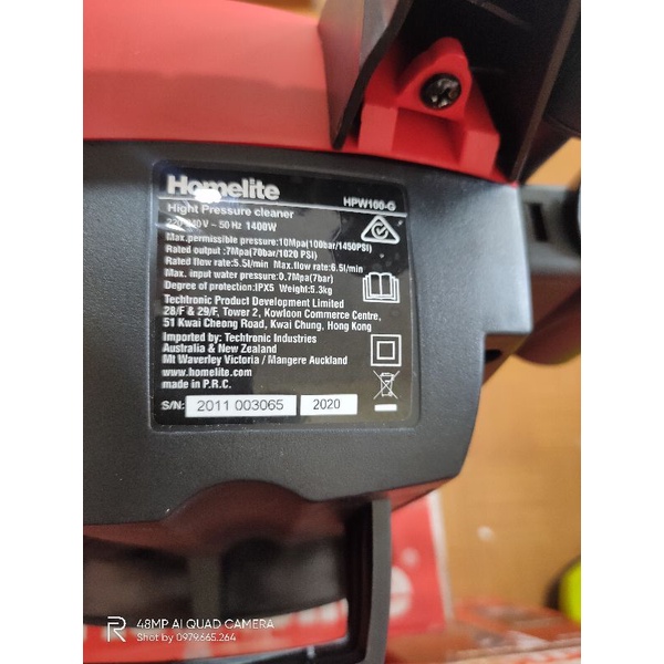 Máy rửa xe Homelite HPW 100G nội địa Úc 220v mới 90%