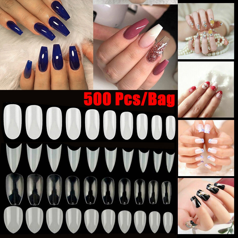 [Hàng mới về] Bộ 500 móng tay giả 10 kích thước màu trong suốt 6 kiểu dáng hợp thời trang