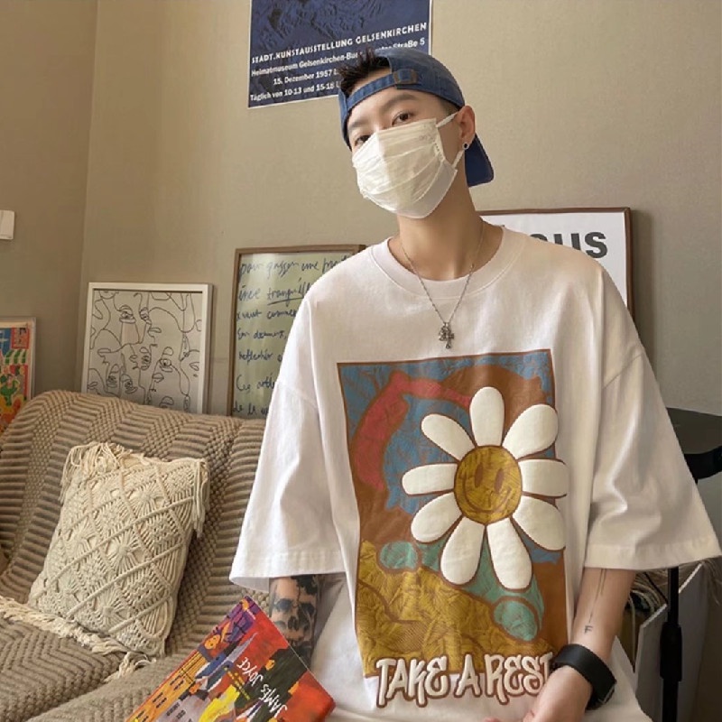 Áo Thun Tay Ngắn Dáng Rộng In Họa Tiết Hoa Phong Cách Hip Hop Hàn Quốc Thời Trang Mùa Hè Cho Nam