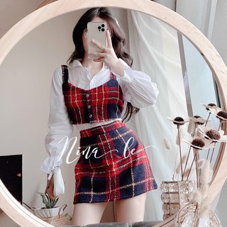 Set 3 món : crop caro 2s + smi trắng + chân váy