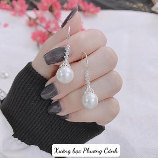 Bông tai móc gắn đá treo hột trái châu bạc ta