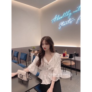 Fetchingroom - Áo sơ mi tay lỡ cổ V chất lụa mát