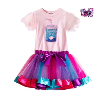 Set Quần Áo NNJXD Gồm Áo Thun Ngắn Tay + Chân Váy Xòe Màu Cầu Vồng Dành Cho Bé Gái