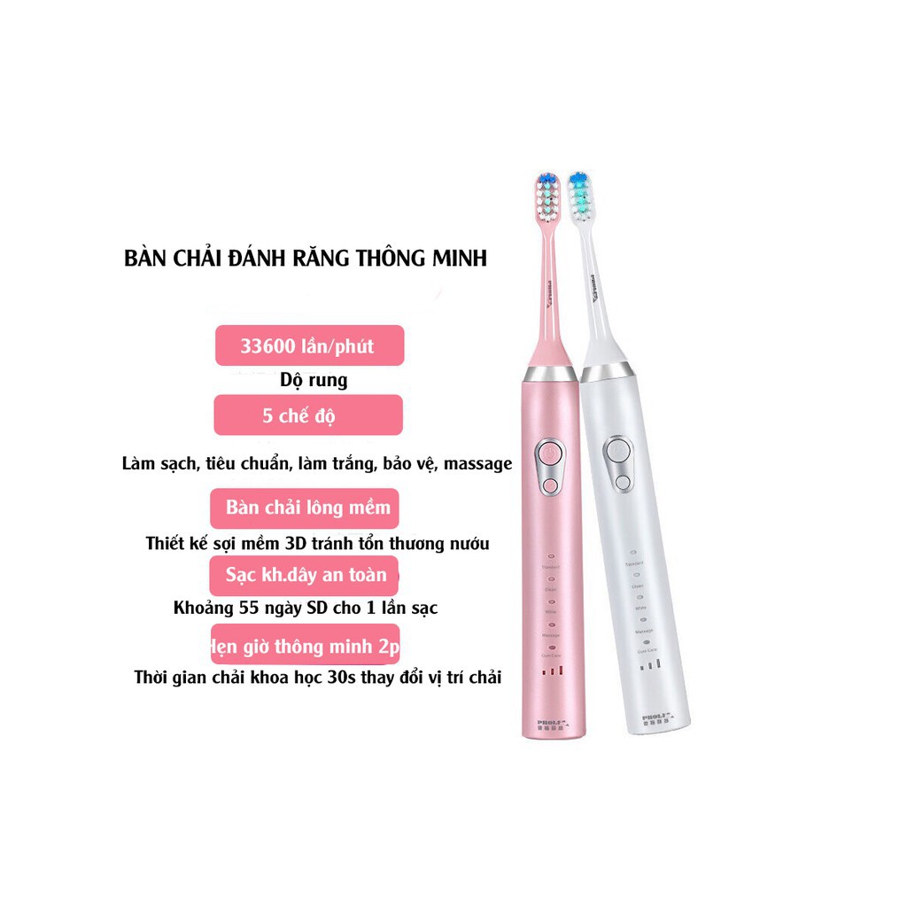 Bàn Chải Đánh Răng Điện Electronic Sonic Toothbrush TB6 Tặng Kèm 2 Đầu Và Một Bộ Nguồn Không Dây