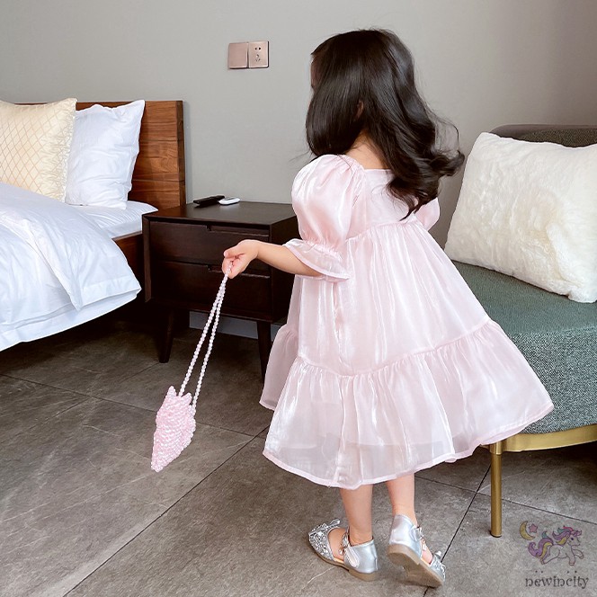 Đầm Tay Phồng Cổ Vuông Phong Cách Hàn Quốc Độc Đáo Cho Bé Gái