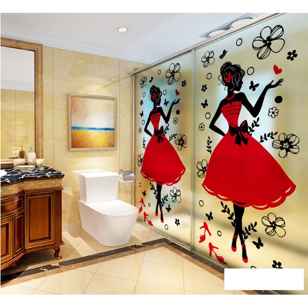 Decal Dán Kính Cao Cấp - Cô Gái Đầm Đỏ ( 60x116cm )