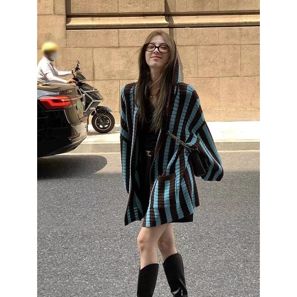 Áo Khoác Cardigan Dệt Kim Tay Dài Cổ Chữ V Hoạ Tiết Kẻ Sọc Thời Trang Mùa Thu Cho Phái Nữ