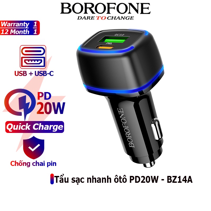 Tẩu sạc nhanh ôtô BOROFONE BZ14A PD20W, QC3.0 gồm 2 cổng sạc - Chính hãng