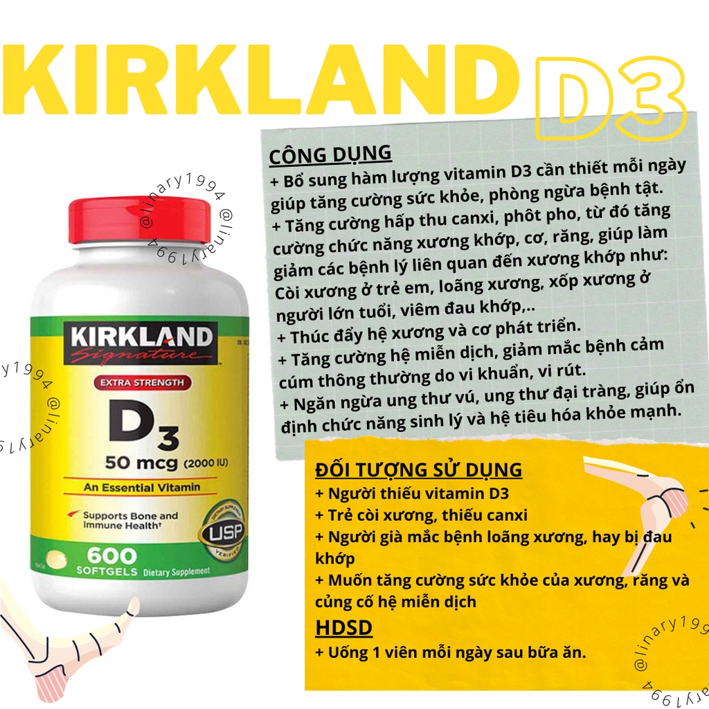 [LINARY1994] Viên uống bổ sung Vitamin D3 Kirkland D3 600 viên (Mỹ)