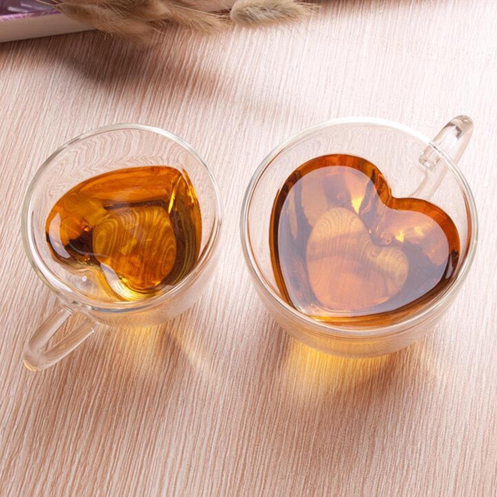 Ly uống trà Ly trà hai lớp Tách trà chịu nhiệt Sáng tạo hình trái tim Nước ép thủy tinh kép Cốc cà phê sữa