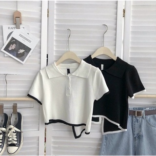 Áo croptop xẻ lưng cổ bẻ viền xinh, chất thun gân len 🍓🍓🍓L9777