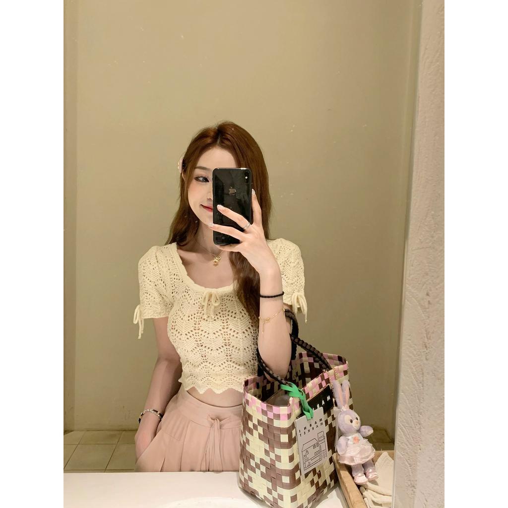 qkoole   Áo Dệt Kim Tay Ngắn Cổ Vuông Dáng Ôm Thời Trang Mùa Hè Xinh Xắn Cho Nữ