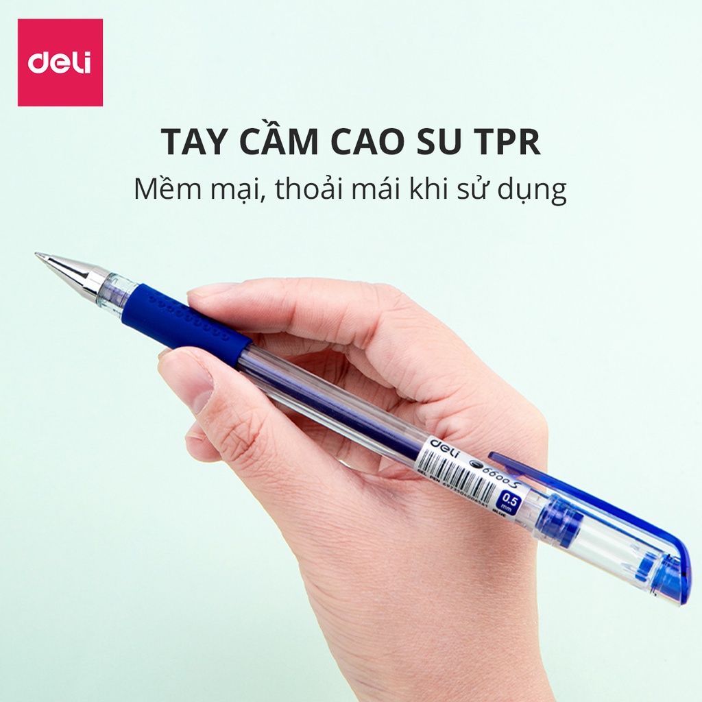 Bút bi nước mực gel nắp đậy 0.5mm Deli màu xanh, đen, đỏ nhanh khô lâu hết mực nét viết trơn tru đều đẹp 6600S
