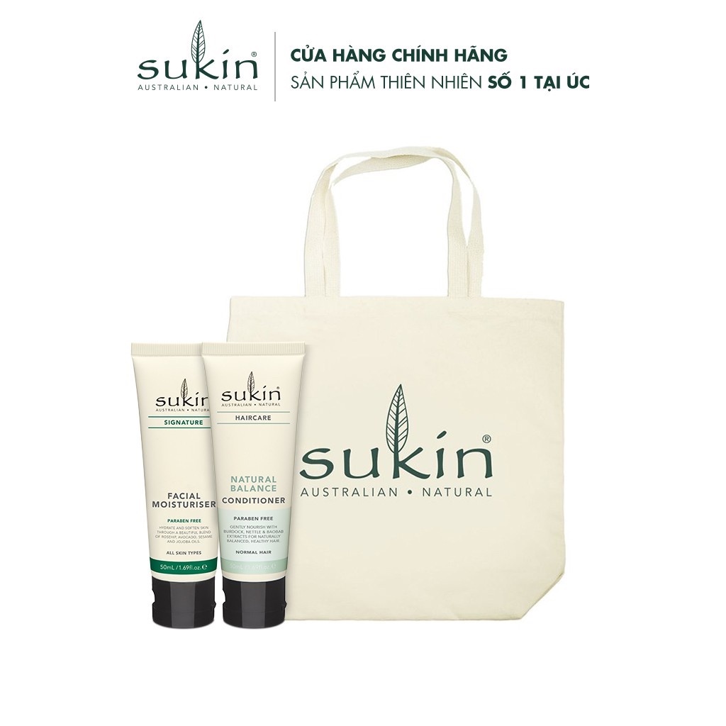 [HB Gift] Quà Tặng Tóc Mượt Da Xinh Sukin Dầu Xả Thiên Nhiên 50ml + Kem Dưỡng Ẩm Da Mặt 50ml + Túi Tote Bag 35cm x 30cm