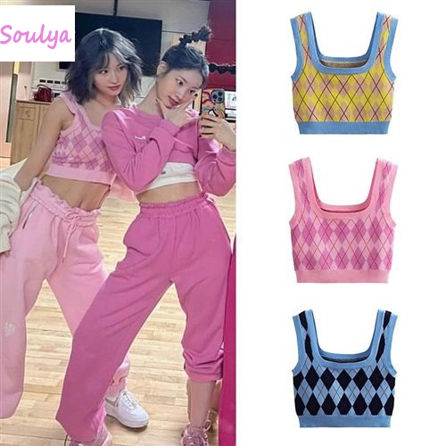 Twice Momo Ins Áo Dệt Kim Sát Nách Họa Tiết Hình Thoi Quyến Rũ Hợp Thời Trang