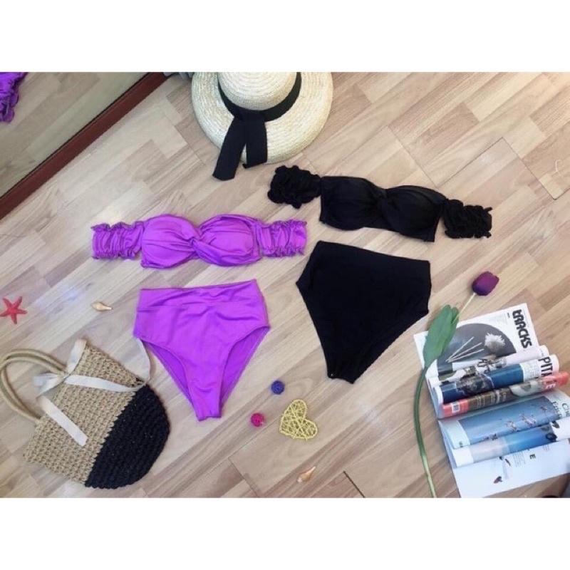 BiKiNi 2 mảnh 2 màu xoắn ngực trễ vai quần cạp cao