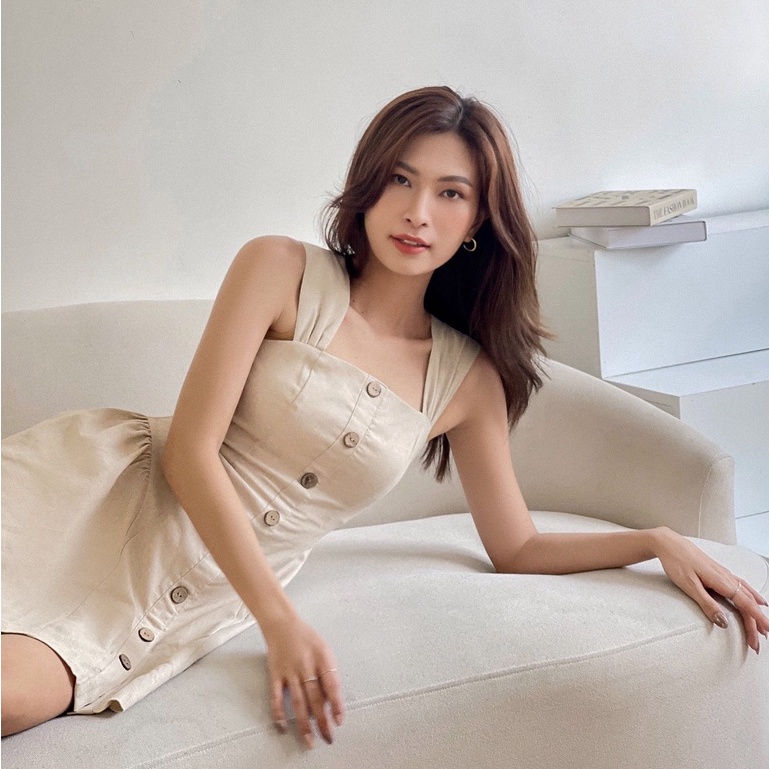 Đầm nữ ngắn chất linen cao cấp, dày dặn chống nhăn kèm nút gỗ đính giữa best seller MIEU - GN20
