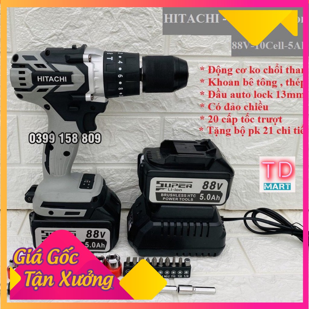 [ GIÁ HỦY DIỆT ]  Máy Khoan Pin HITACHI 88V Không Chổi Than Tặng bộ kiện 21 chi tiết