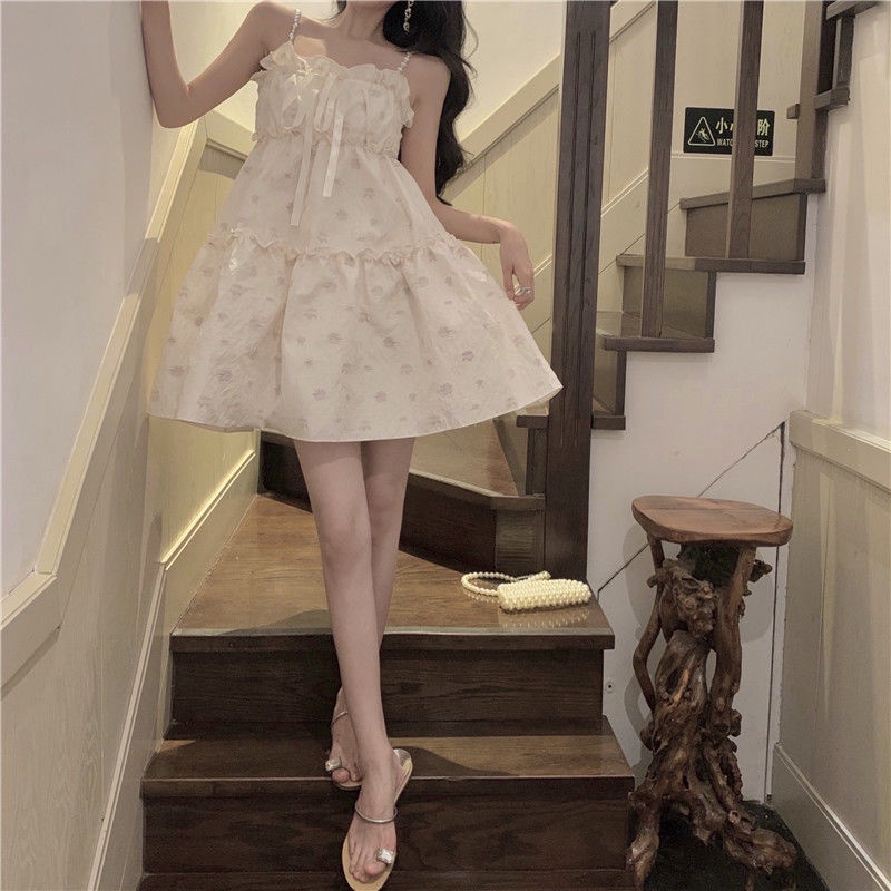 Đầm Ngắn Hai Dây Dáng Rộng Họa Tiết Hoa Ngọt Ngào Phong Cách Pháp Thời Trang Mùa Hè Cho Nữ