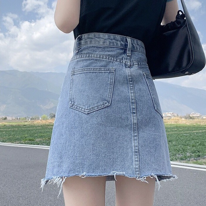 Chân váy jean cap cao tua gấu kèm quần trong _V32