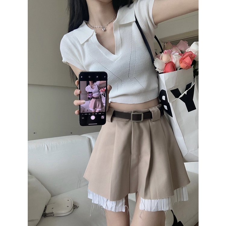 QKOOLE  Áo Croptop Dệt Kim Tay Ngắn Phong Cách Vintage Hàn Quốc