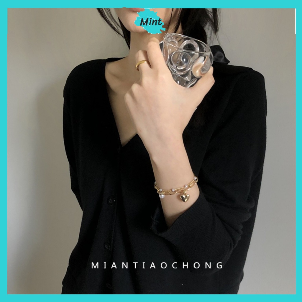 Lắc Tay Hai Lớp Ngọc Trai Nhân Tạo ❤️FREESHIP❤️ Vòng Tay Phối Xích Trái Tim Phong Cách Hàn Quốc