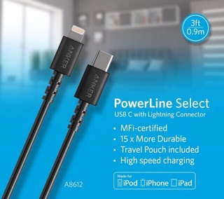 Cab anker powerline select USB-C Lightning 0,9m A8612