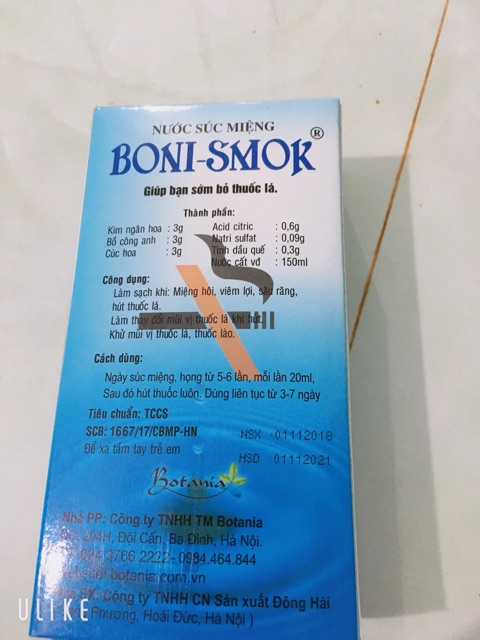 boni smok nước súc miệng cai thuốc lá 150ml