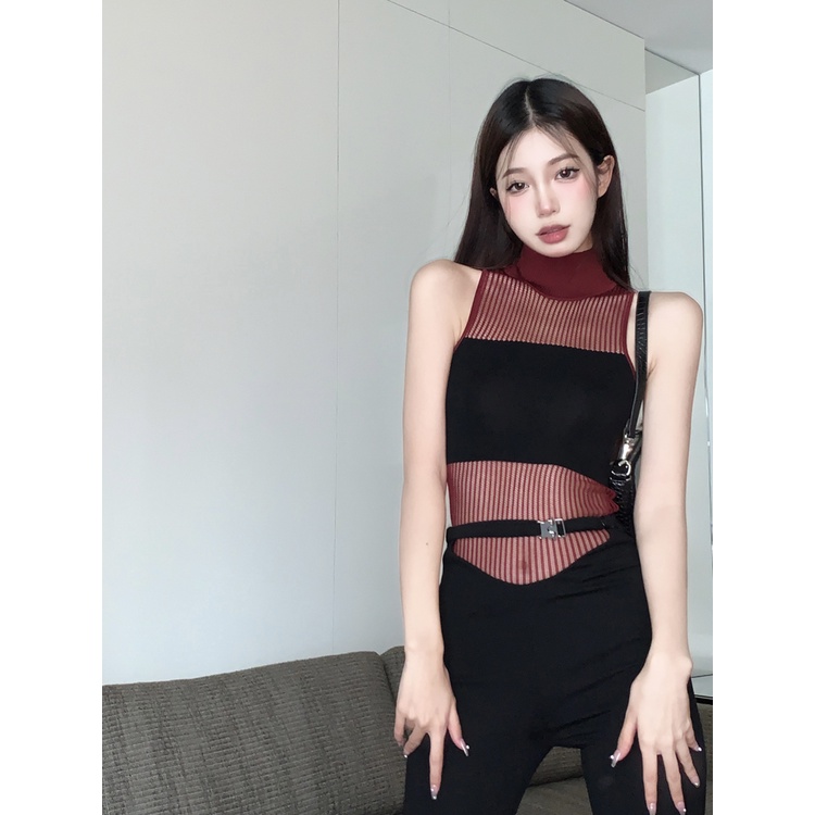 QKOOLE Áo croptop  dệt kim không tay cổ cao phong cách Hàn Quốc quyến rũ cho nữ