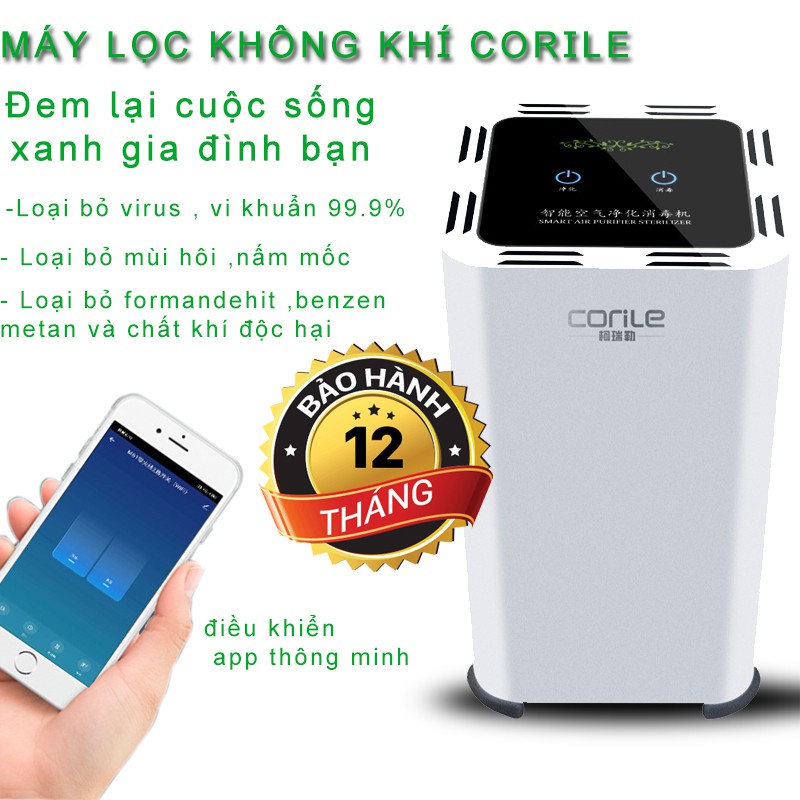 Máy lọc không khí ozone CORILE dùng APP WIFI điều khiển từ xa khử trùng khử mùi lọc bụi mịn trong phòng 99.9%