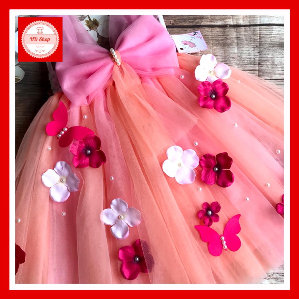 Đầm công chúa cho bé ❤️FREESHIP❤️ Đầm công chúa hồng cam nơ đính hoa tú cầu và bướm cho bé gái