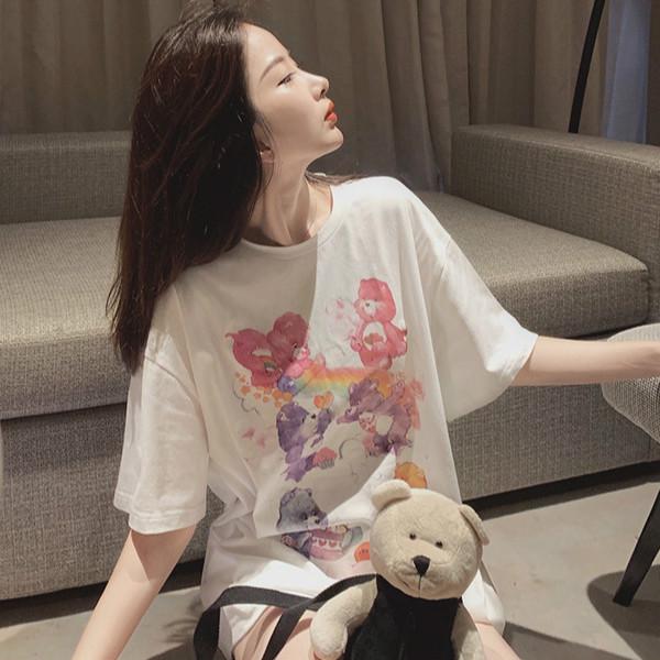 Blue cartoon bear T-shirt short sleeve loose tops INS casual long paragraph summer shirt