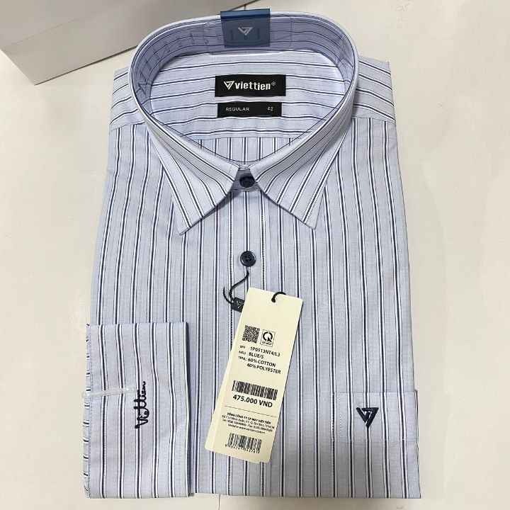 ( REGULAR)Áo Sơ Mi Việt Tiến Chính Hãng Dài Tay Sọc Xuống 60%Cotton 40%Polyester