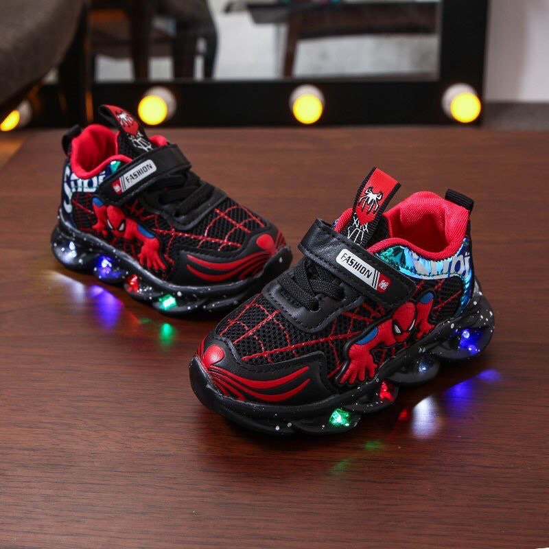 Giày thể thao spider man có đèn led nhấp nháy cho bé trai - Giày vải bé gái siêu nhân nhện đỏ, đế mềm nhẹ êm chân 98099