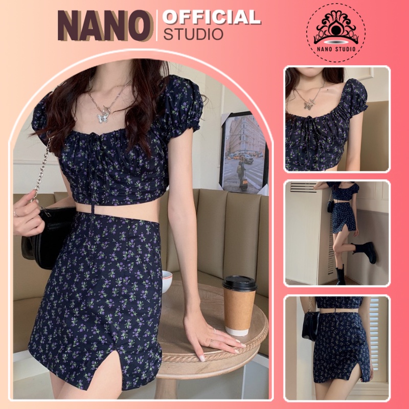 SET VÁY 🌼NaNo Studio 🌼 VÁY BỘ  Màu XANH ĐEN  hoa NHÍ phồng Tay áo hở rốn áo ngắn có xẻ tà Xu hướng váy ngắn#ORDERTAOBAO